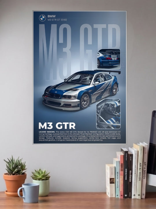BMW M3 GTR Car Poster shown in A3 size on a wall above a study desk
