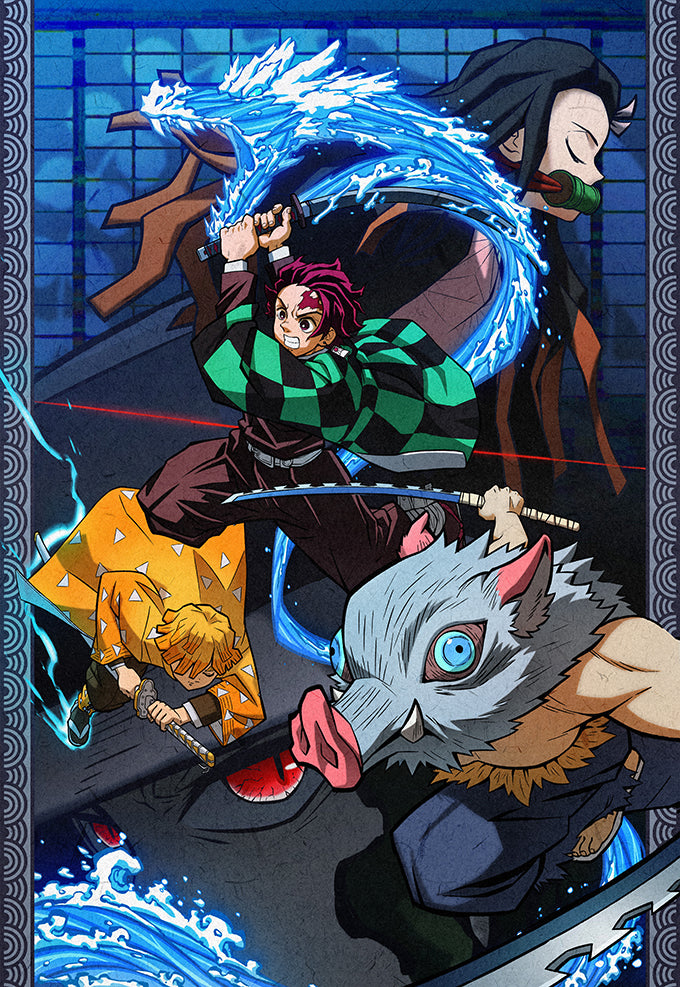 Tanjiro, Nezuko, Zenitsu, Inosuke in their fighting stance Poster