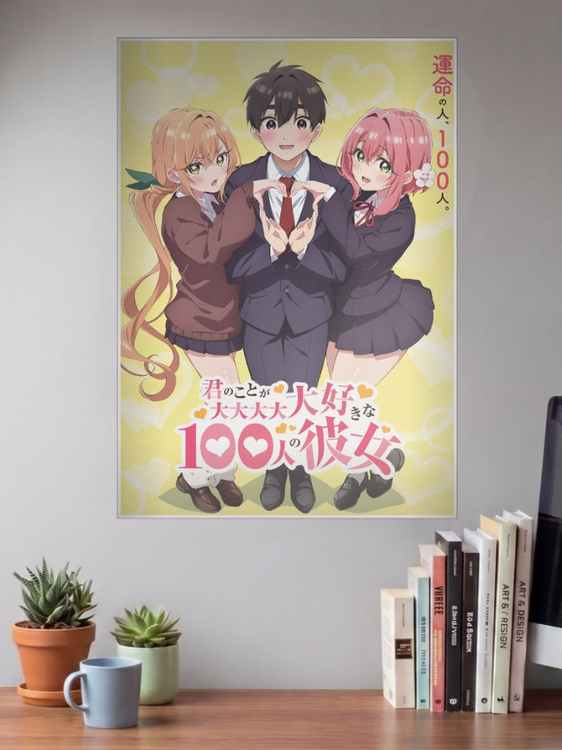 100 Girlfriends Heart Sign Anime Poster shown in A3 size on a wall above a study desk