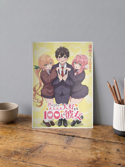 100 Girlfriends Heart Sign Anime Poster shown in A4 size on a wooden desk