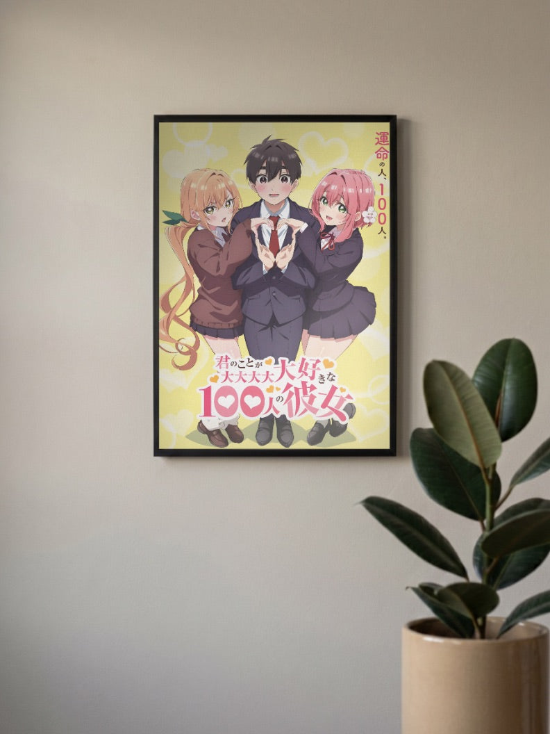 100 Girlfriends Heart Sign Anime Poster in a black frame, mounted on a wall