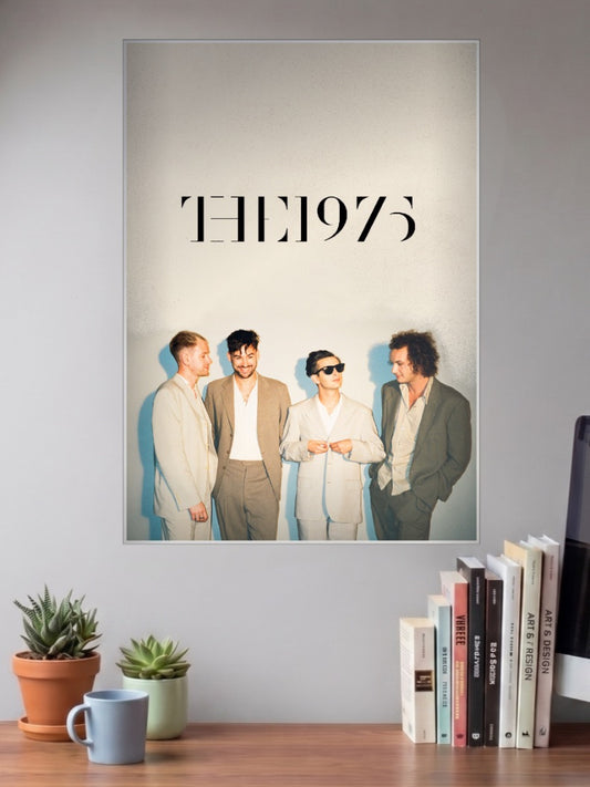 The 1975 Band Photo Bands Poster shown in A3 size on a wall above a study desk