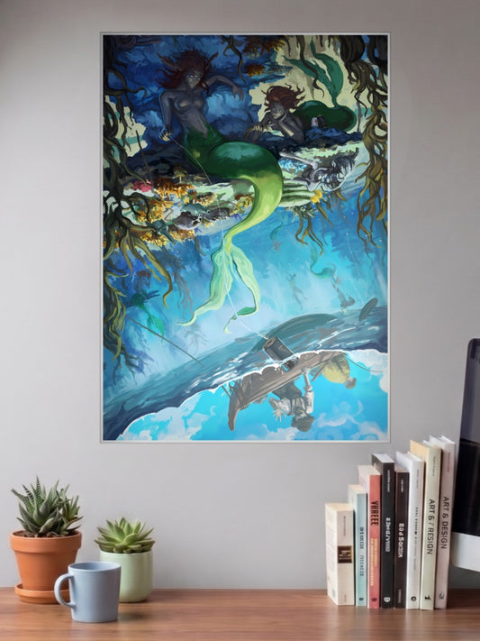 Upside Down Mermaid Abstract Poster shown in A3 size on a wall above a study desk