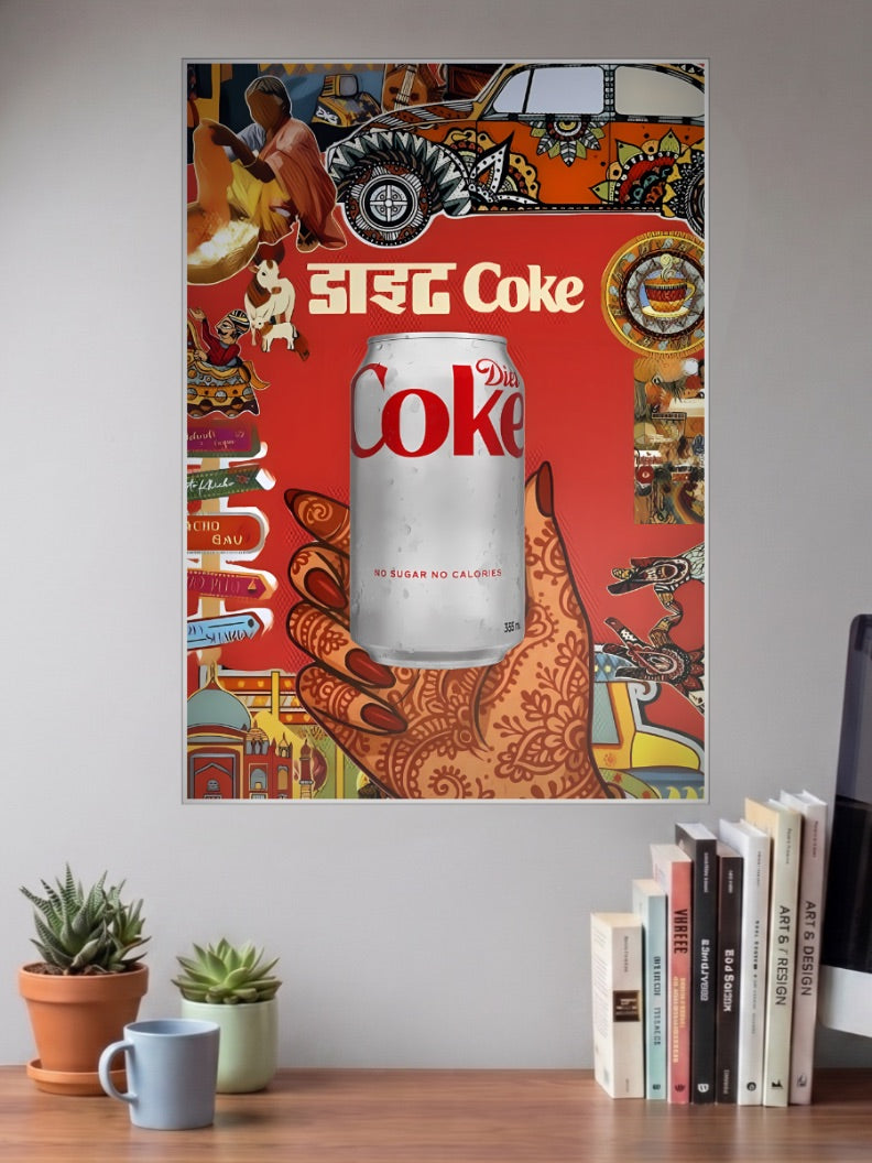 Urban Desi Chaos Abstract Poster shown in A3 size on a wall above a study desk