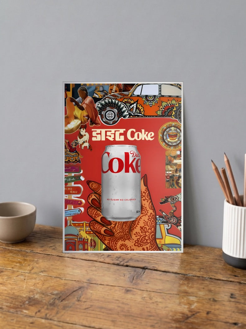 Urban Desi Chaos Abstract Poster shown in A4 size on a wooden desk