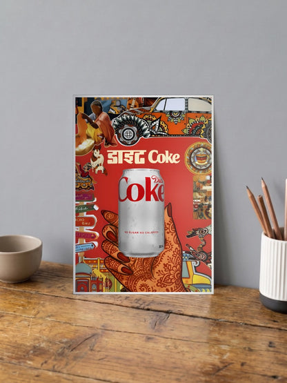 Urban Desi Chaos Abstract Poster shown in A4 size on a wooden desk