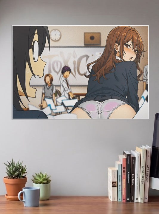 Anime School Girl Anime Poster shown in A3 size on a wall above a study desk