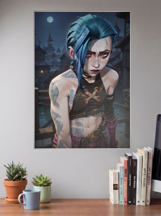 Arcane Jinx Solo Anime Poster shown in A3 size on a wall above a study desk