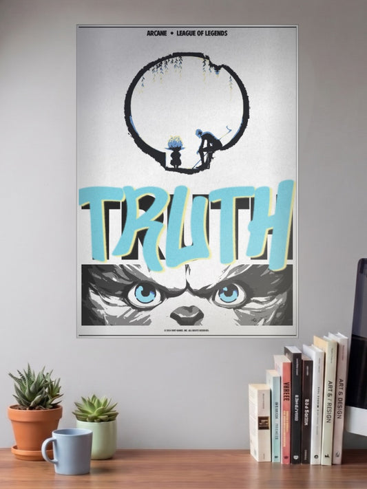 Arcane The Truth Anime Poster shown in A3 size on a wall above a study desk