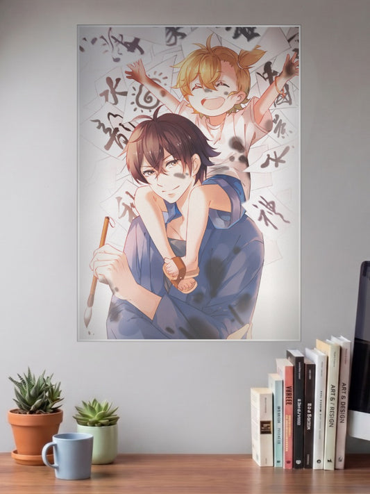 Handa and Naru Barakamon Anime Poster shown in A3 size on a wall above a study desk
