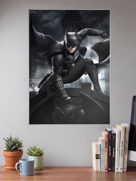 Robert Pattinson Batman DC Poster shown in A3 size on a wall above a study desk