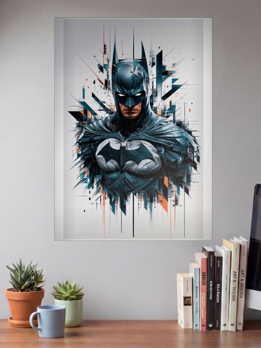 Batman Geometric Shards DC Poster shown in A3 size on a wall above a study desk
