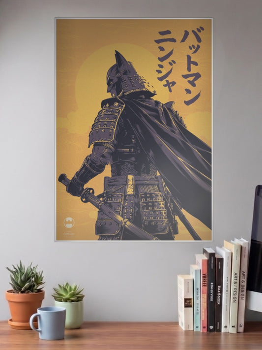 Batman Ninja Samurai DC Poster shown in A3 size on a wall above a study desk