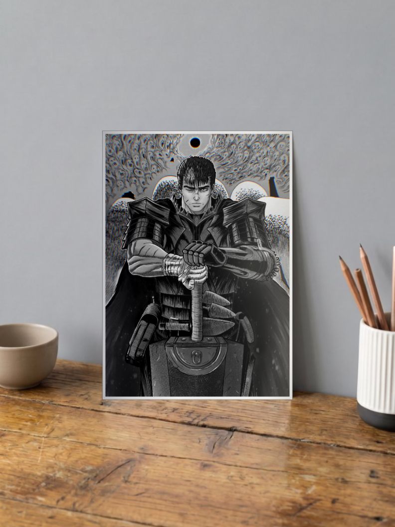Guts Berserk Black And White Poster