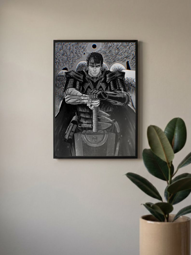 Guts Berserk Black And White Poster