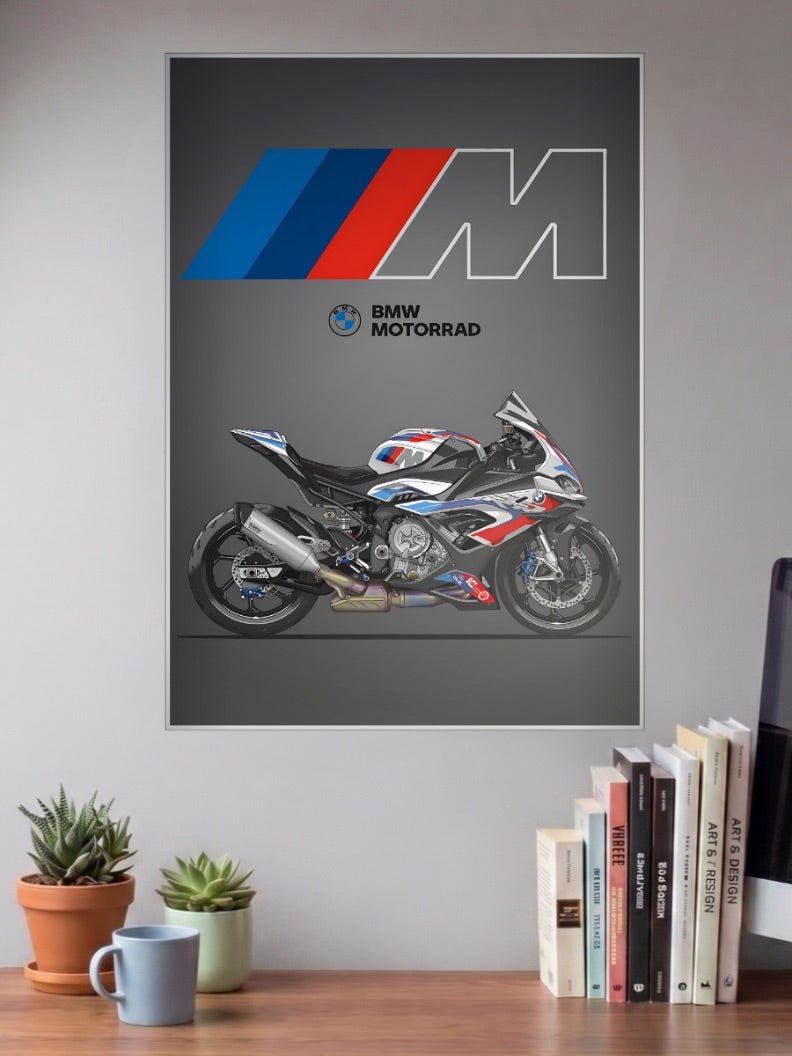 Boxer Power BMW Motorrad Bikes Poster shown in A3 size on a wall above a study desk