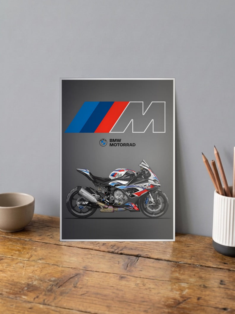 Boxer Power BMW Motorrad Bikes Poster shown in A4 size on a wooden desk