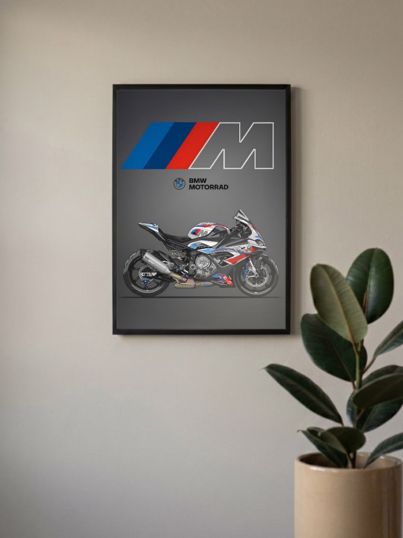 Boxer Power BMW Motorrad Bikes Poster in a black frame, mounted on a wall