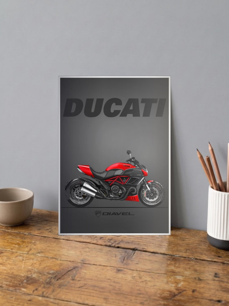 Italian Fury Ducati Diavel Bikes Poster shown in A4 size on a wooden desk