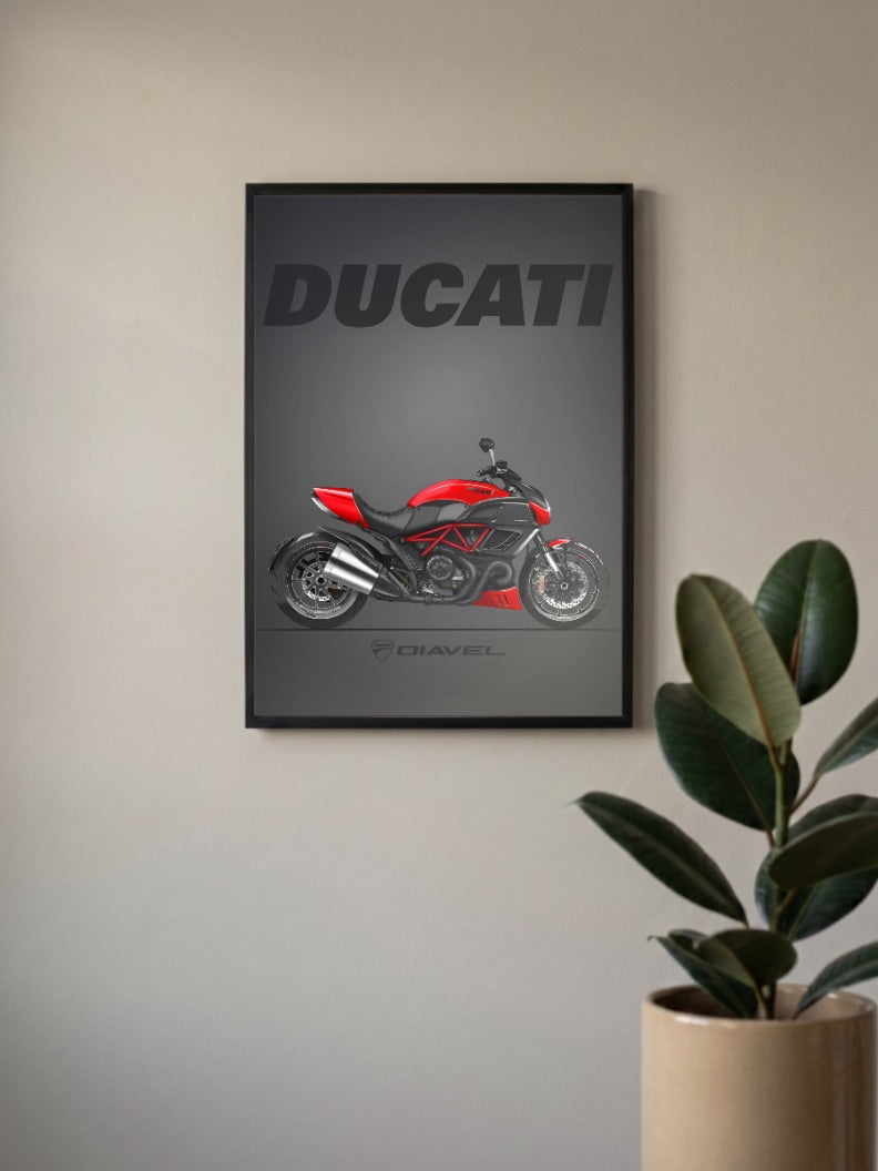 Italian Fury Ducati Diavel Bikes Poster in a black frame, mounted on a wall
