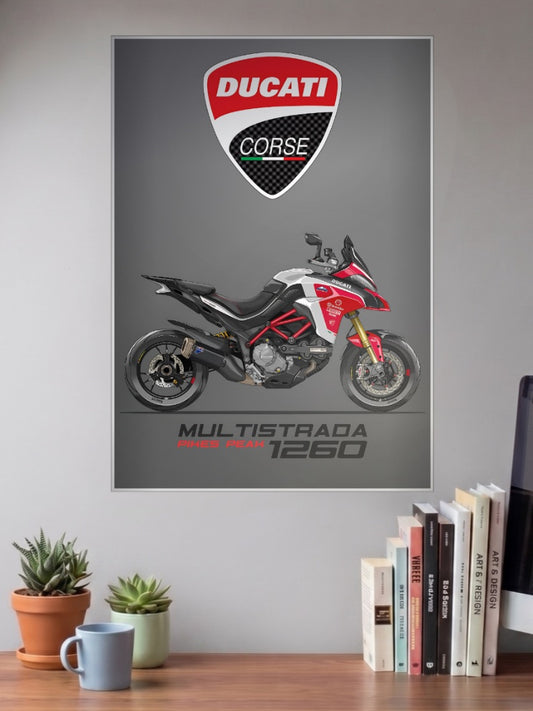 Desmo Dream Ducati Corse 1260 Bikes Poster shown in A3 size on a wall above a study desk
