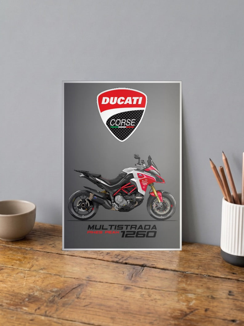Desmo Dream Ducati Corse 1260 Bikes Poster shown in A4 size on a wooden desk