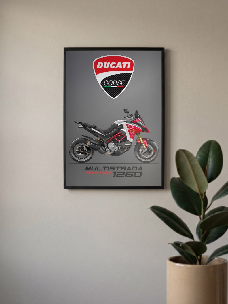 Desmo Dream Ducati Corse 1260 Bikes Poster in a black frame, mounted on a wall