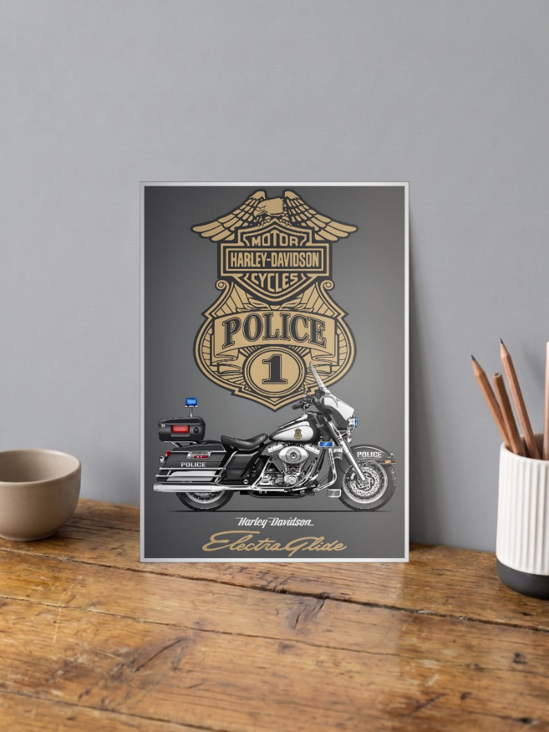 American Iron Harley Davidson Bikes Poster shown in A4 size on a wooden desk