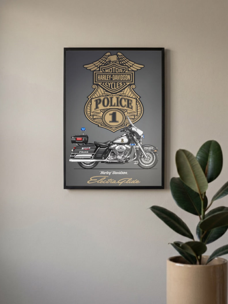 American Iron Harley Davidson Bikes Poster in a black frame, mounted on a wall