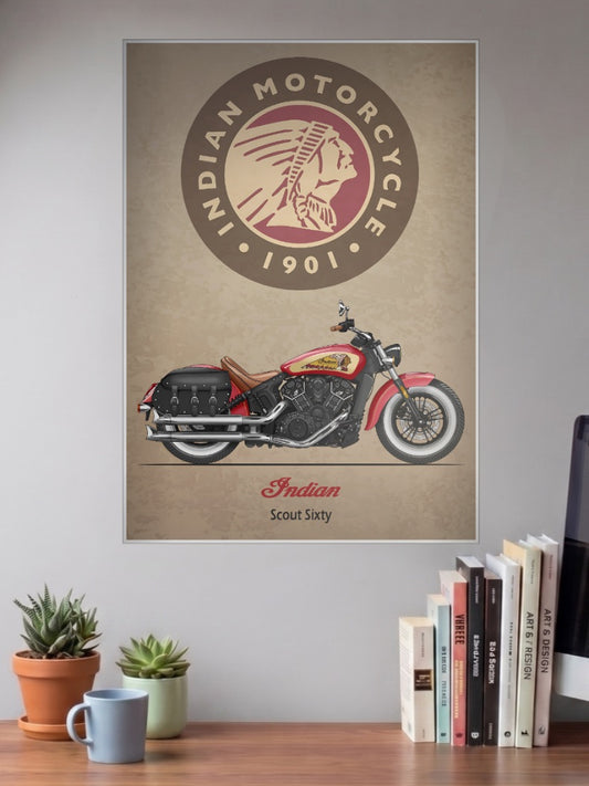 Two Wheel Thunder Indian 1901 Bikes Poster shown in A3 size on a wall above a study desk