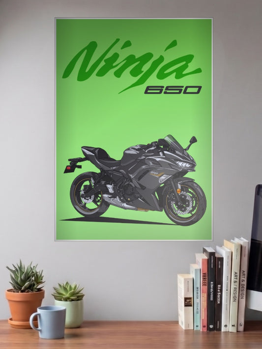 Ninja Strike Kawasaki Ninja 650 Bikes Poster shown in A3 size on a wall above a study desk