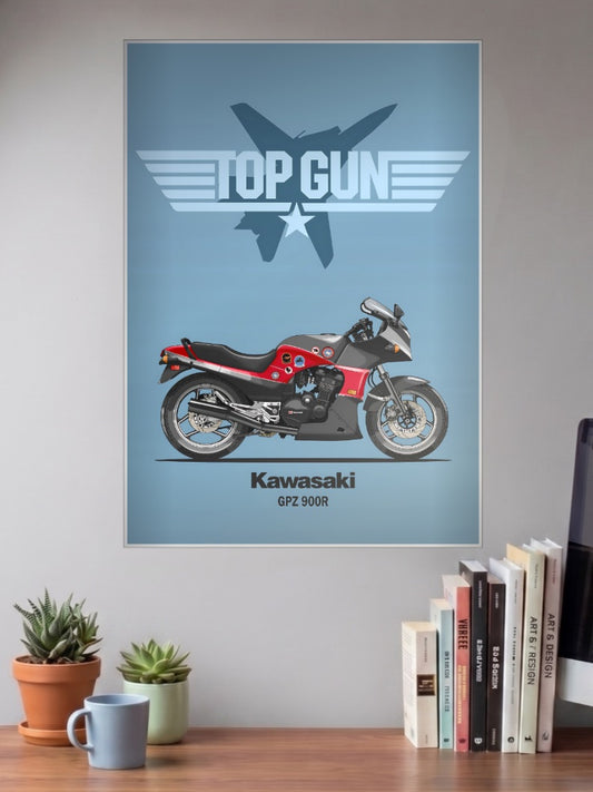 Green Machine Kawasaki Top Gun Gpz Bikes Poster shown in A3 size on a wall above a study desk