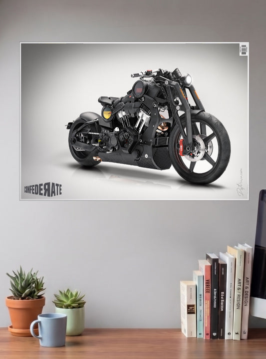 Confederate Motorcycle Bikes Poster shown in A3 size on a wall above a study desk