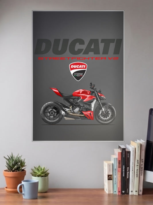 Bologna Beast Ducati Streetfighter V2 Bikes Poster shown in A3 size on a wall above a study desk