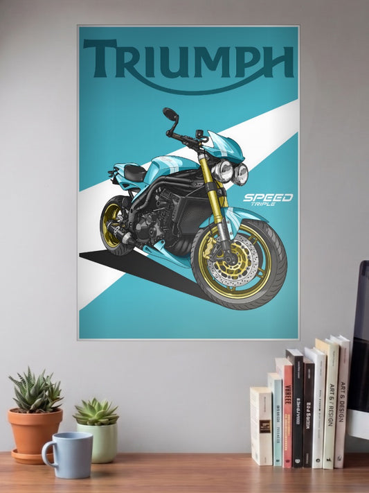 Bonnie Spirit Triumph Speed Triple Bikes Poster shown in A3 size on a wall above a study desk