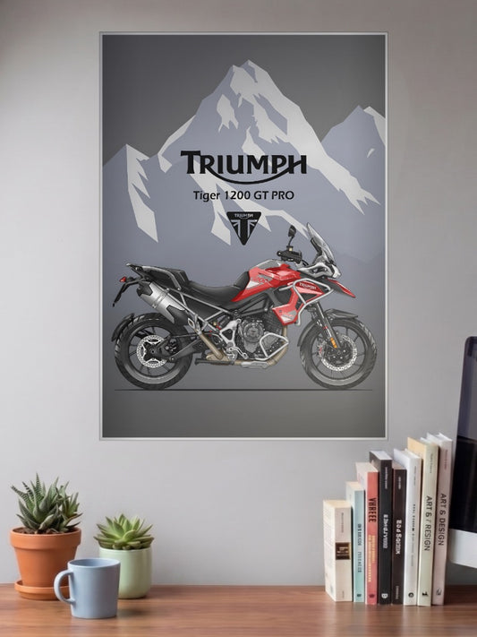 Throttle Therapy Triumph Tiger 1200 Bikes Poster shown in A3 size on a wall above a study desk