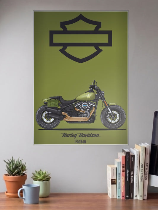 Chrome Nation Harley Davidson Fat Bob Bikes Poster shown in A3 size on a wall above a study desk