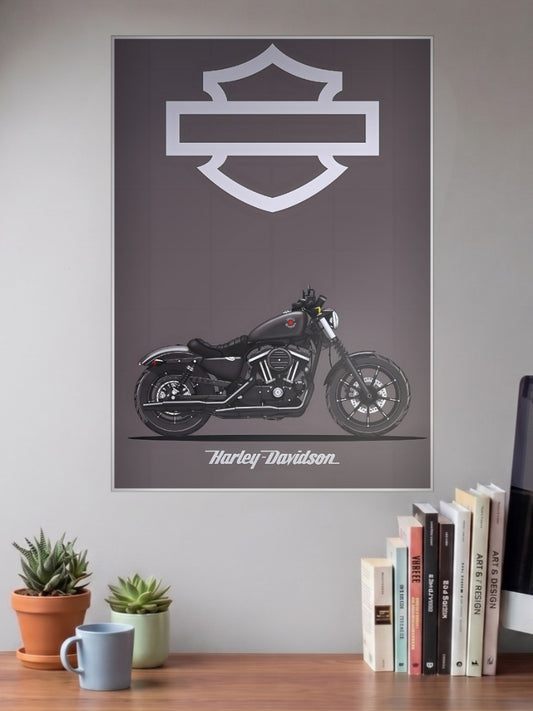 Two Wheel Thunder Harley Davidson Bikes Poster shown in A3 size on a wall above a study desk