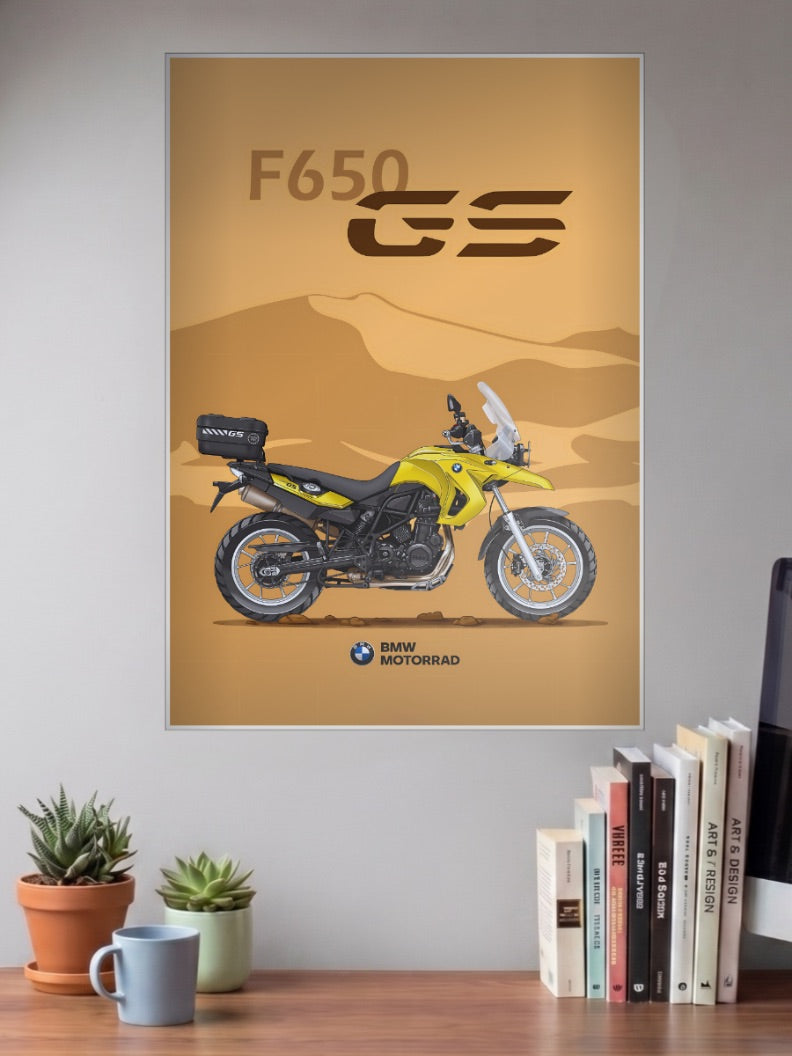 Autobahn Rider F650GS BMW Bikes Poster shown in A3 size on a wall above a study desk