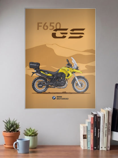 Autobahn Rider F650GS BMW Bikes Poster shown in A3 size on a wall above a study desk