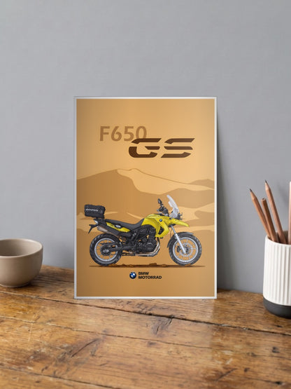 Autobahn Rider F650GS BMW Bikes Poster shown in A4 size on a wooden desk