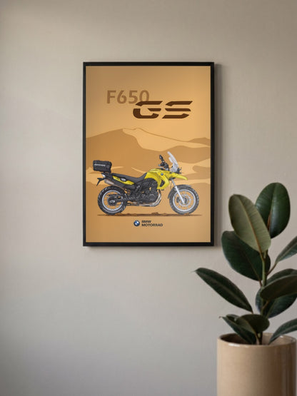 Autobahn Rider F650GS BMW Bikes Poster in a black frame, mounted on a wall