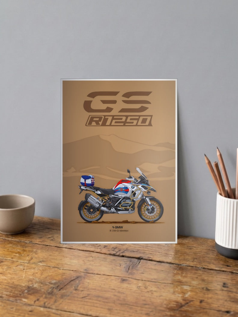 Bavarian Roadster BMW Gs R 1250 Bikes Poster shown in A4 size on a wooden desk