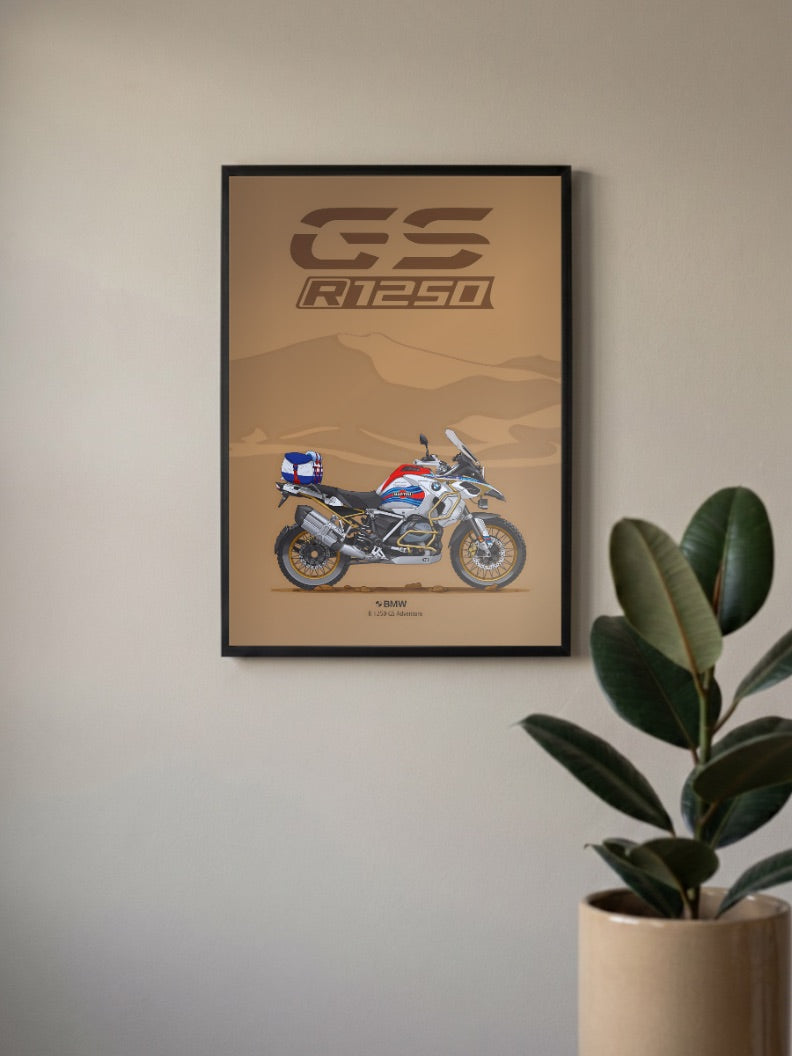 Bavarian Roadster BMW Gs R 1250 Bikes Poster in a black frame, mounted on a wall