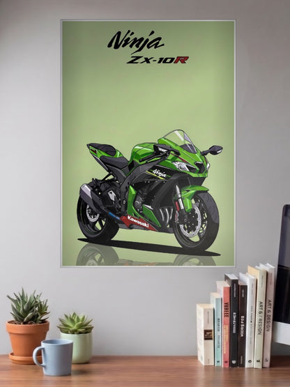 Kwak Attack Kawasaki Ninja Zx 10R Bikes Poster shown in A3 size on a wall above a study desk