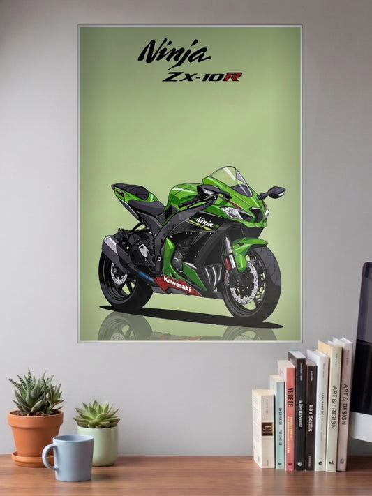 Kwak Attack Kawasaki Ninja Zx 10R Bikes Poster shown in A3 size on a wall above a study desk