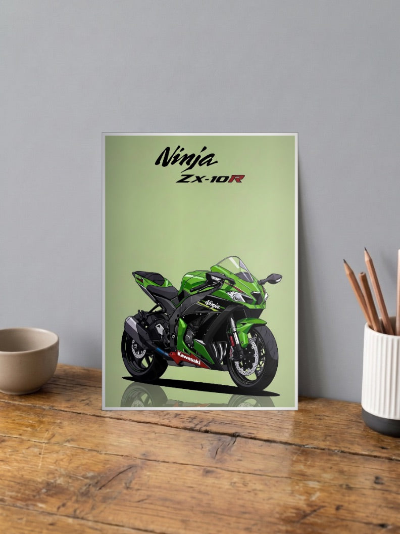 Kwak Attack Kawasaki Ninja Zx 10R Bikes Poster shown in A4 size on a wooden desk