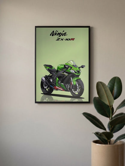 Kwak Attack Kawasaki Ninja Zx 10R Bikes Poster in a black frame, mounted on a wall
