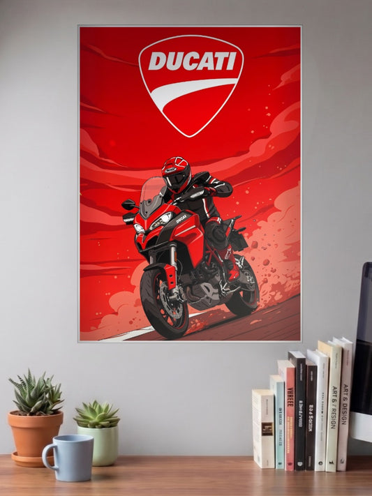 Two Wheel Thunder Ducati Bikes Poster shown in A3 size on a wall above a study desk