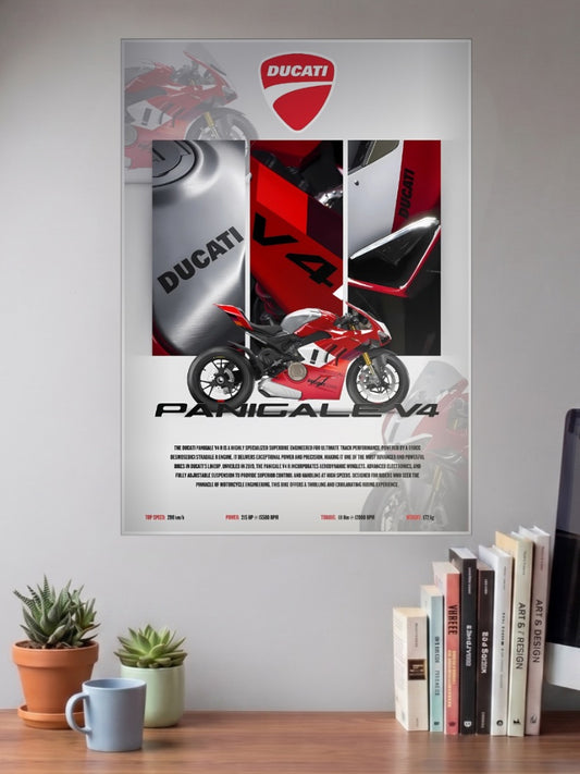 Open Road Freedom Ducati Panigale V4 Bikes Poster shown in A3 size on a wall above a study desk